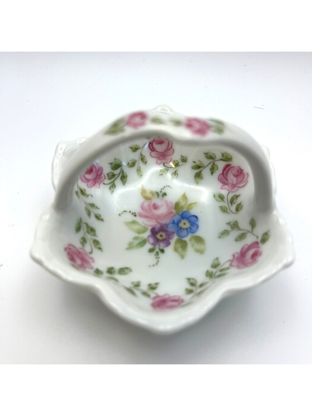 Vintage 1992 Hand Painted Porcelain Floral Trinket Dish Pink Roses Signed Artist